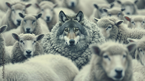 Wolf in disguise wearing a wool clothing mingles  generative ai