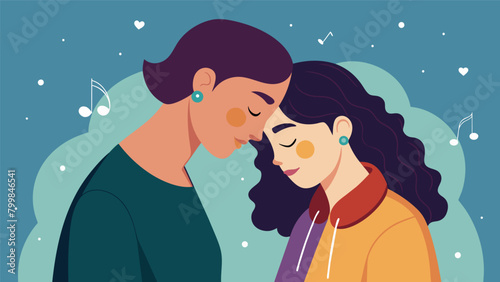 As the music fades away two friends lean in close their foreheads touching as they share a moment of quiet understanding.. Vector illustration