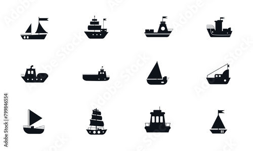 set of twelve bold simplified icons representing various types of ships and maritime vessels. Ideal for infographics, websites, educational material, and digital navigation interfaces