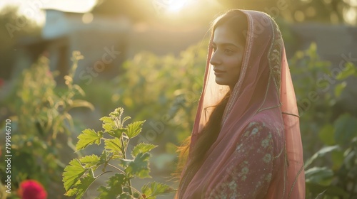 A young Punjabi woman wearing a traditional pink Punjabi salwar kameez stands in a garden. photo