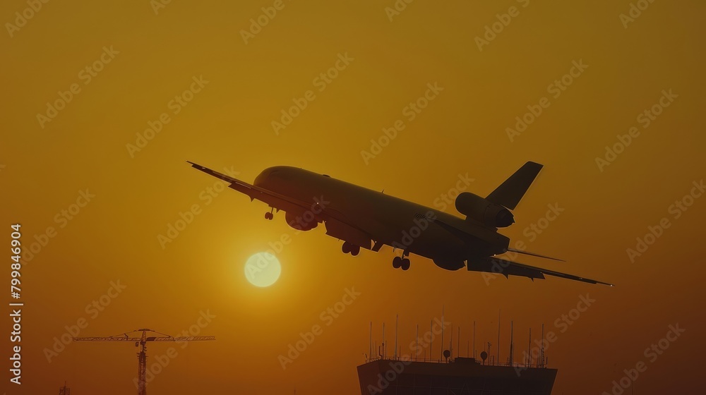 Commercial airplane flying high in the beautiful sunset sky with majestic colors