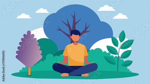 A minimalist illustration of a man sitting in a spacious garden his eyes closed in peaceful meditation and a single tree providing shade..