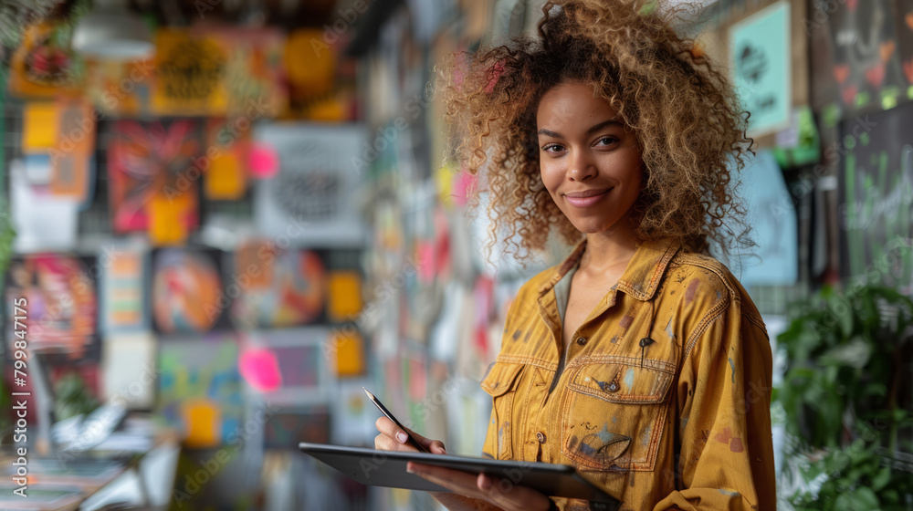 Smiling Curly-Haired Woman with a Digital Tablet Standing in Front of a Colorful Creative Wall