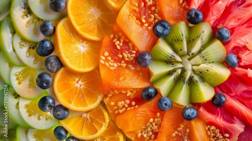 Top view of a colorful fruit salad arranged in a bowl, Photography, Pattern --ar 16:9 Job ID: 899c17