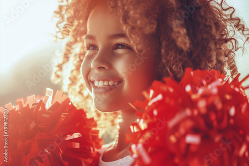 Smiling cheerleader with red pom poms supporting her sport team