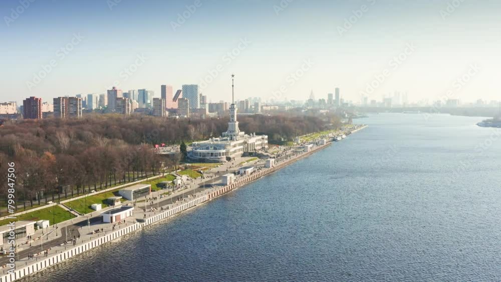 Aerial view of famous Rechnoy Vokzal river station in Moscow. Historical building of harbour terminal Aerial view of famous Rechnoy Vokzal river station in Moscow. Historical building of harbour terminal
