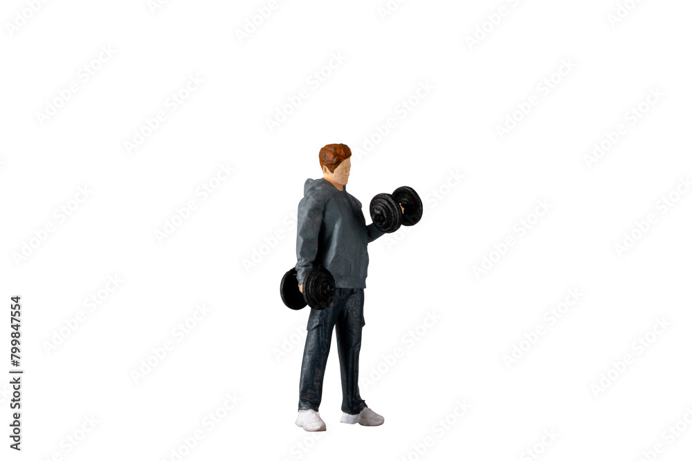 Miniature people , Young man lifting weights Isolated on white background with clipping path Miniature people , Young man lifting weights Isolated on white background with clipping path