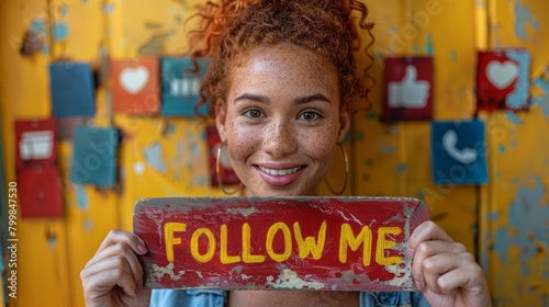 Cheerful Young Woman Holding a Painted 'FOLLOW ME' Sign with a Creative Background