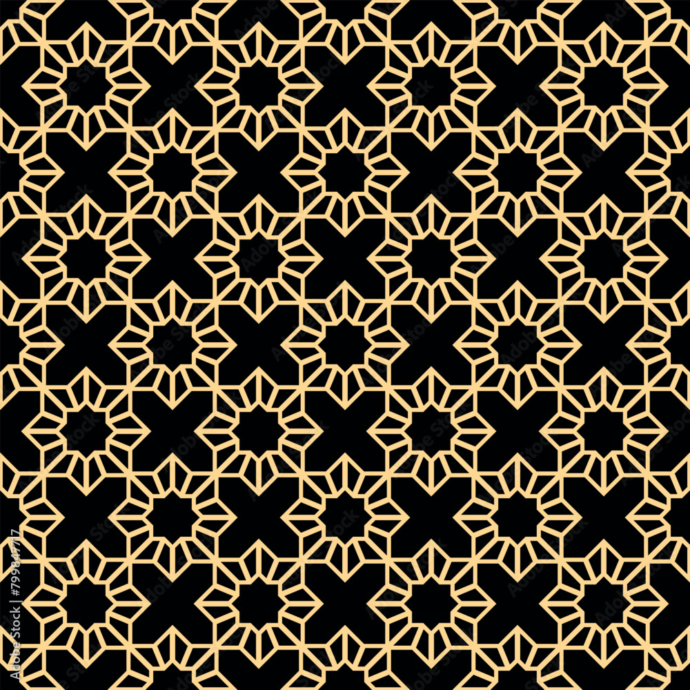 Abstract geometry pattern in Arabian style. Seamless vector background. Golden and black graphic ornament. Simple lattice graphic design