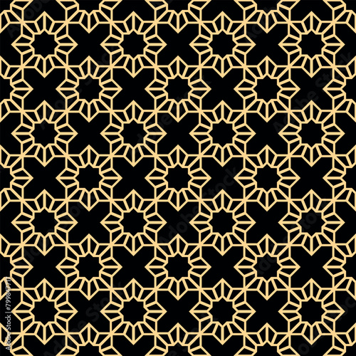 Abstract geometry pattern in Arabian style. Seamless vector background. Golden and black graphic ornament. Simple lattice graphic design