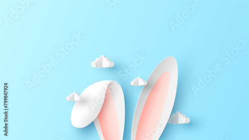 Happy easter holiday design with rabbit ears. Easter background with bunny ears and cloud. bunny  ears.  paper cut and craft style. vector, illustration.