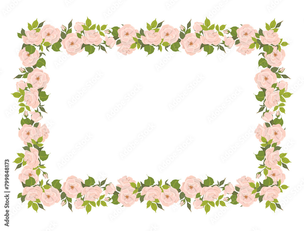 Romantic floral horizontal frame, elegant pastel pink flowers, buds and green leaves. A wreath of summer flowers for a wedding invitation in Provence style. Vector flat illustration.