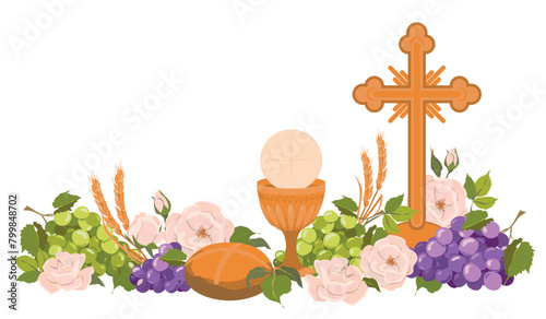 Catholic first communion. Vector. Composition of Christian symbols. Golden cup for wine, crucifix, bread, wine, grapes, white roses. Beautiful design elements for an invitation to the Holy Eucharist.