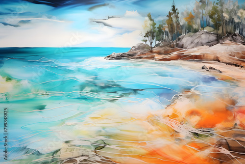 Heavenly Shoreline Haven, abstract landscape art, painting background, wallpaper, generative ai