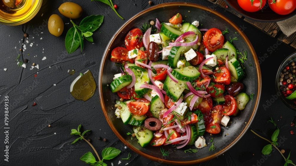 Top view of a refreshing Greek salad with tomatoes, cucumbers, red onions, Kalamata olives, and feta