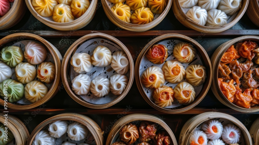 Top view of a tray of assorted dim sum dumplings including steamed buns, potstickers, and siu mai, P Top view of a tray of assorted dim sum dumplings including steamed buns, potstickers, and siu mai, P