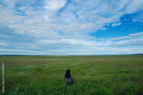 Step into a moment of solitude as a girl finds solace in an open field  the vast expanse of nature offering a sanctuary  Generative AI
