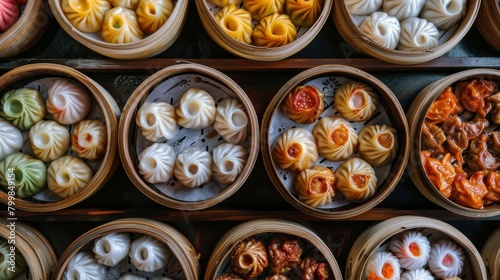 Top view of a tray of assorted dim sum dumplings including steamed buns, potstickers, and siu mai, P