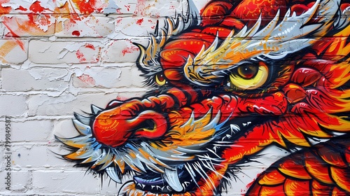 Red scaled Chinese dragon graffiti painting on a white brick wall. New year street art from China. Horizontal (16:9)