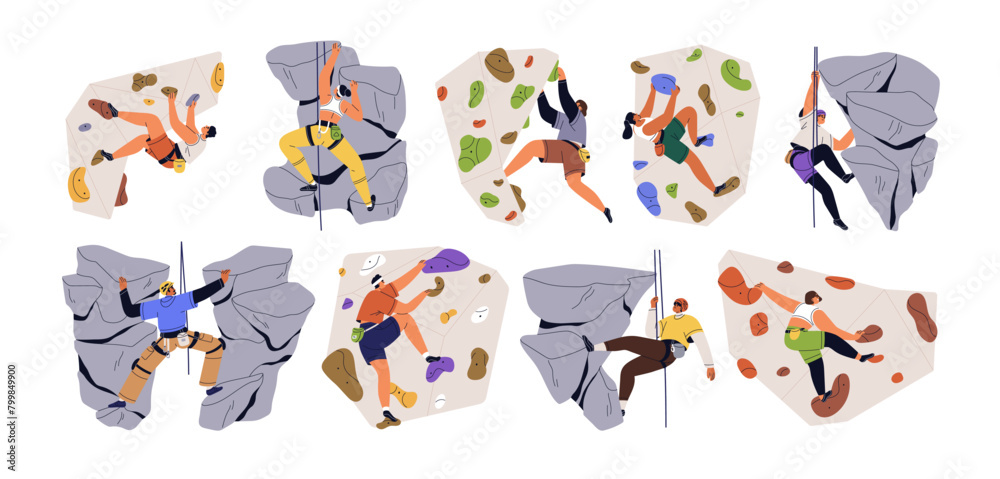 Climbers on rock cliffs, bouldering walls set. Mountain climbing up, extreme sport activity. Mountaineers athletes on ropes training indoors and outdoors. Flat graphic vector illustration isolated Climbers on rock cliffs, bouldering walls set. Mountain climbing up, extreme sport activity. Mountaineers athletes on ropes training indoors and outdoors. Flat graphic vector illustration isolated
