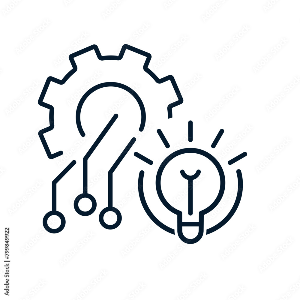 Gear, electronics and light bulb. Modern technical electronic innovations. Vector linear icon isolated on white background. Gear, electronics and light bulb. Modern technical electronic innovations. Vector linear icon isolated on white background.