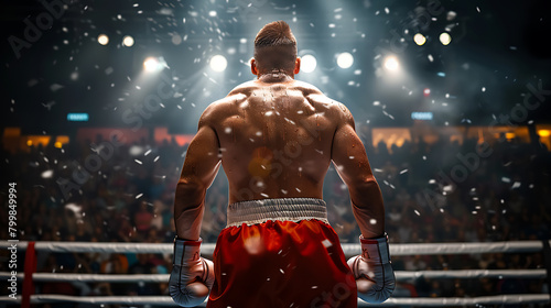 Boxer is standing on the boxing ring from back view