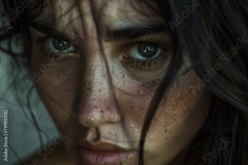Woman with a teary face and freckled hair
