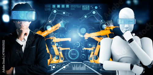 MLP Mechanized industry robot and human worker working together in future factory. Concept of artificial intelligence for industrial revolution and automation manufacturing process.