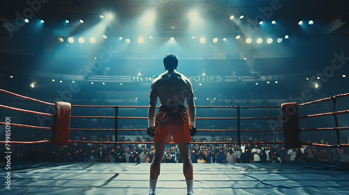 Boxer is standing on the boxing ring from back view
