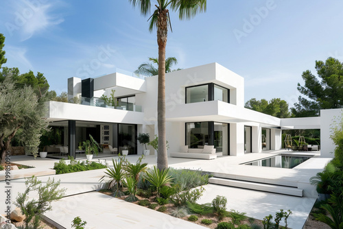 A contemporary villa with a white stucco exterior and minimalist landscaping, embodying timeless elegance.