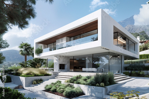A contemporary villa with a white stucco exterior and minimalist landscaping, embodying timeless elegance.