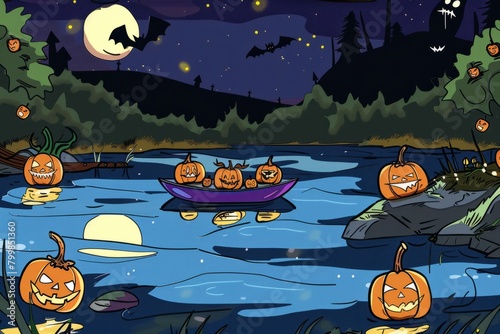 Cartoon cute doodles of a Halloween-themed paddle boat party on a spooky lake, with jack-o'-lanterns floating in the water and bats flying overhead,Generative AI photo