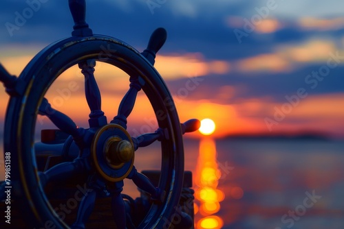 Steering wheel of a boat with a sunset in the background.  photo