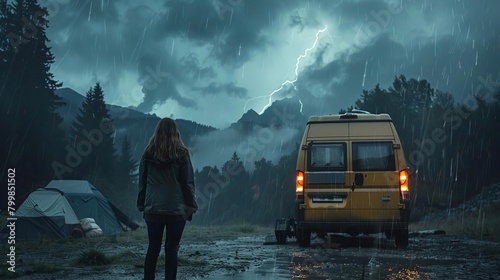 Freya, a seasoned vanlifer, wakes up to a raging storm that threatens to tear apart her van and everything she owns Craft a scene filled with suspense as she fights to secure her shelter and survive t