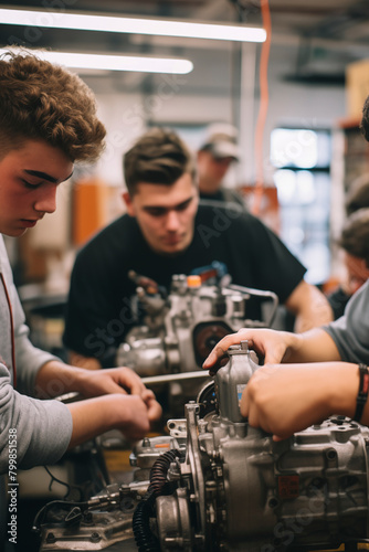 Young boy learns how to fix an engine. Student apprentice learns the trade. Working and learning concept. Mechanic school workshop lesson. Man work on car parts and learn how to repair engines