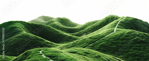 Green hillsides with a winding hiking trail, isolated on a transparent background. photo