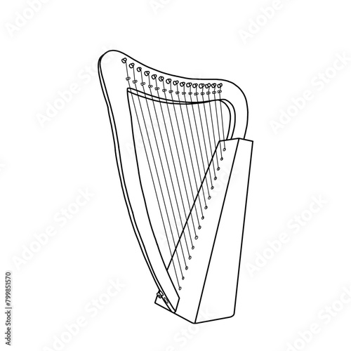 Vector illustration of harp, stringed musical instrument vector outline line art. Isolated on a white background.