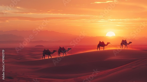 Camels trekking through a desert at sunset  iconic 4K wallpaper