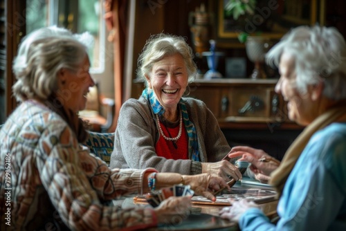Three women sitting at a table laughing and playing cards. Elderly people background  photo