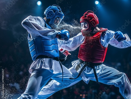 Taekwondo Sparring Match: Two Athletes with Full Body Protection Engage in Combat Sport Action
