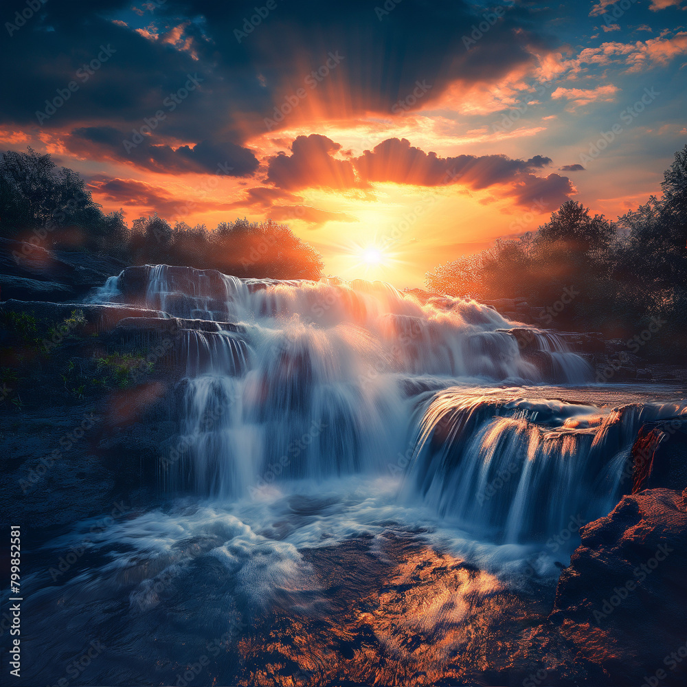 sunset over the waterfall