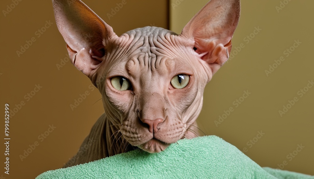 Feline Relaxation: A High-Resolution Photo of a Sphynx Cat Receiving a Facial
