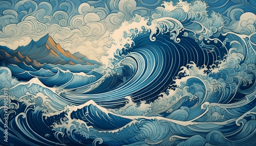 海に波風、水の波動が全体に広がっていくイラスト