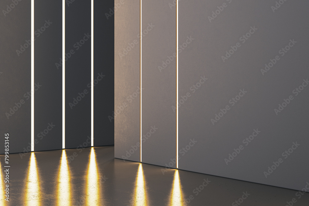 Fototapeta premium Clean gray concrete interior with light reflections on floor and mock up place. Gallery concept. 3D Rendering.