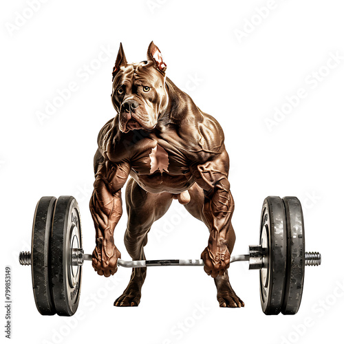 Muscle Power Strong dog  lifting heavy dumbbells in gym training, Isolated on transparent background. © AnniePatt