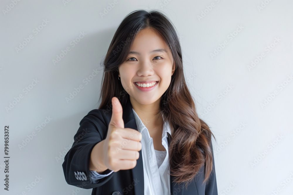 photo of confident and successful businesswoman flashing a thumbs-up gesture, radiating positivity and achievement against a pristine white backdrop, conveying professionalism and photo of confident and successful businesswoman flashing a thumbs-up gesture, radiating positivity and achievement against a pristine white backdrop, conveying professionalism and