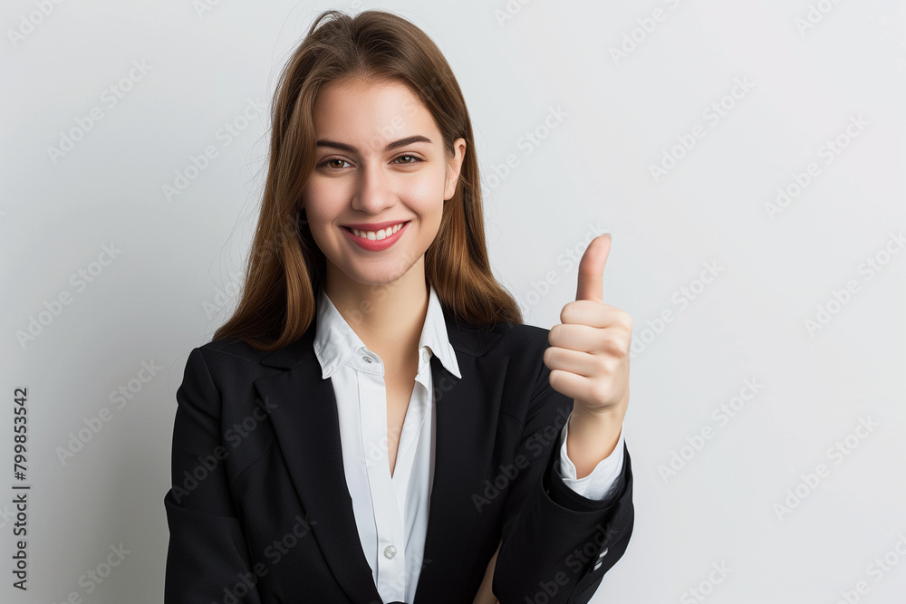compelling photo capturing the essence of success as a businesswoman confidently gives a thumbs-up, her poised posture and optimistic expression highlighting triumph against a clea compelling photo capturing the essence of success as a businesswoman confidently gives a thumbs-up, her poised posture and optimistic expression highlighting triumph against a clea