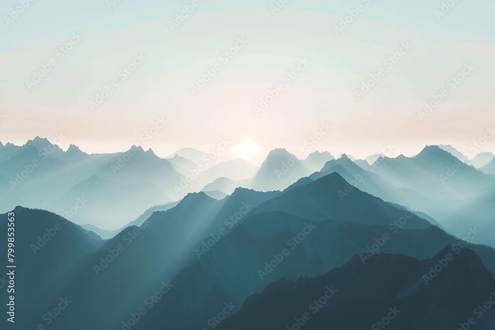 breathtaking scene of mountain silhouettes stretching across the horizon, set against a pristine white sky with subtle light filtering through, creating a mesmerizing vista that sp