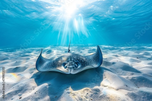 sting ray swimming on the seabed. under the deep blue sea.