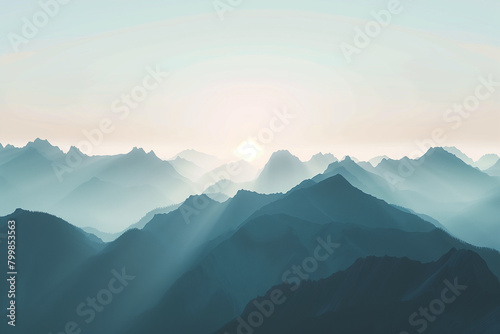 breathtaking scene of mountain silhouettes stretching across the horizon  set against a pristine white sky with subtle light filtering through  creating a mesmerizing vista that sp